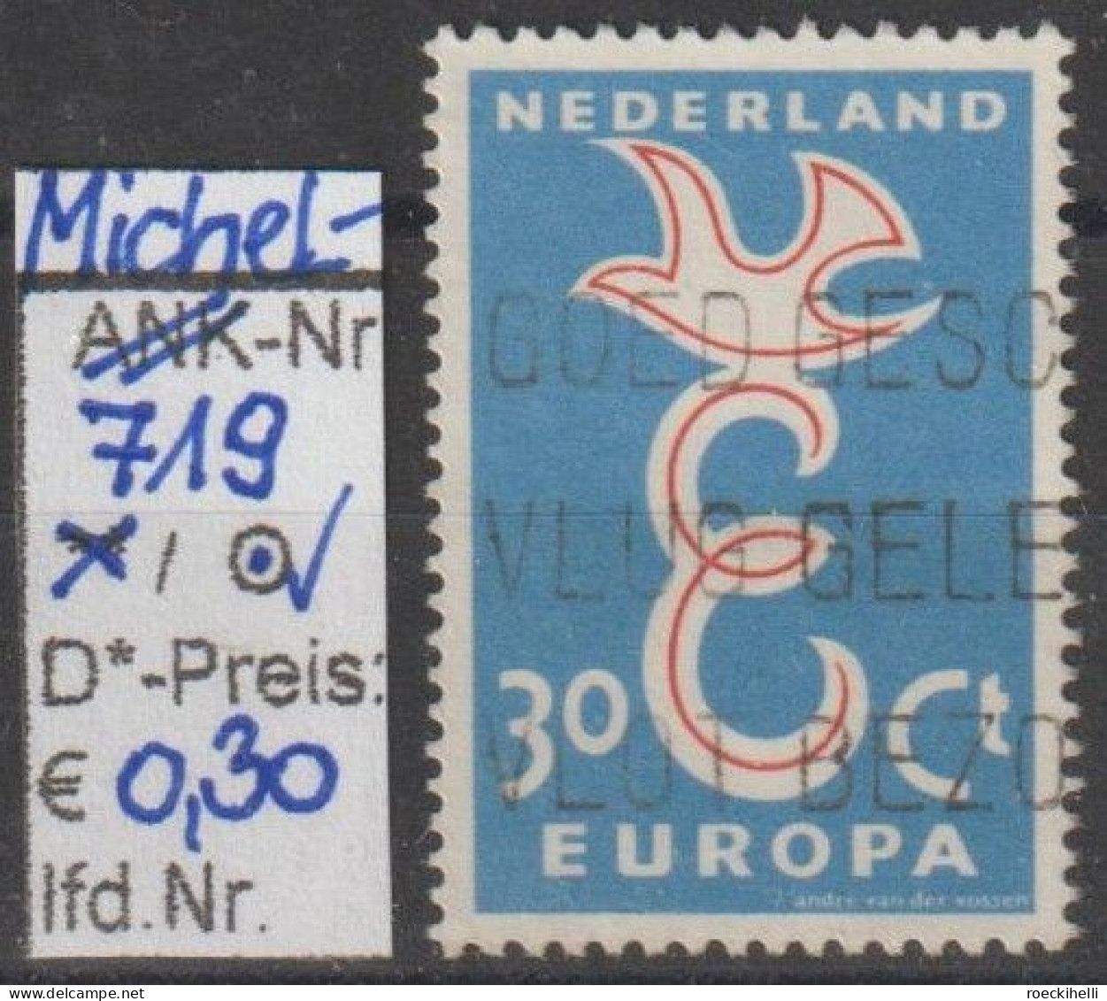 1958 - NIEDERLANDE - SM "Europa - Stilis. Taube.." 30 C Hellblau/karminrot - O  Gestempelt - S. Scan (719o Nl) - Usati