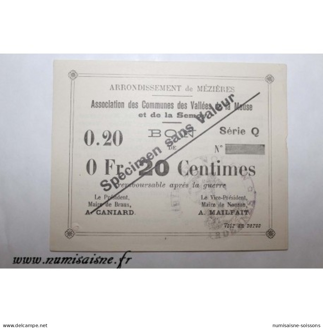 08 - MEZIERES BRAUX - BON DE 20 CENTIMES 1915 - CAISSE D'EPARGNE - SPECIMEN - DV - Bonds & Basic Needs