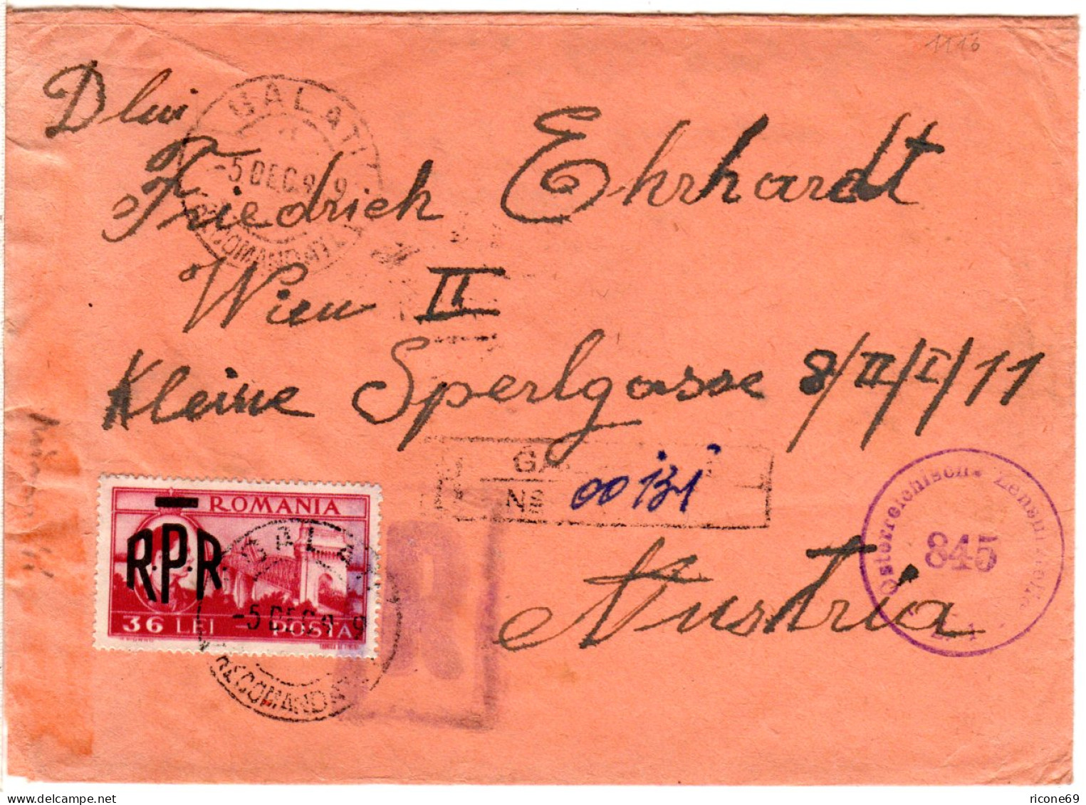 Rumänien 1949, EF 36 L. M. Überdruck RPR Auf Einschreiben Zensur Brief V. Galati - Andere & Zonder Classificatie