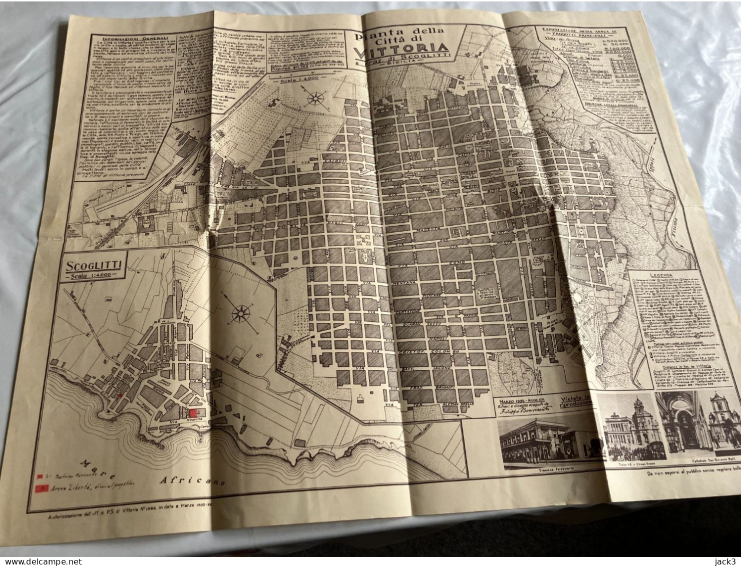 PIANTA DELLA CITTA' DI VITTORIA E FRAZIONE DI SCOGLITTI (RAGUSA) SICILIA - 70x57 - Carte Topografiche