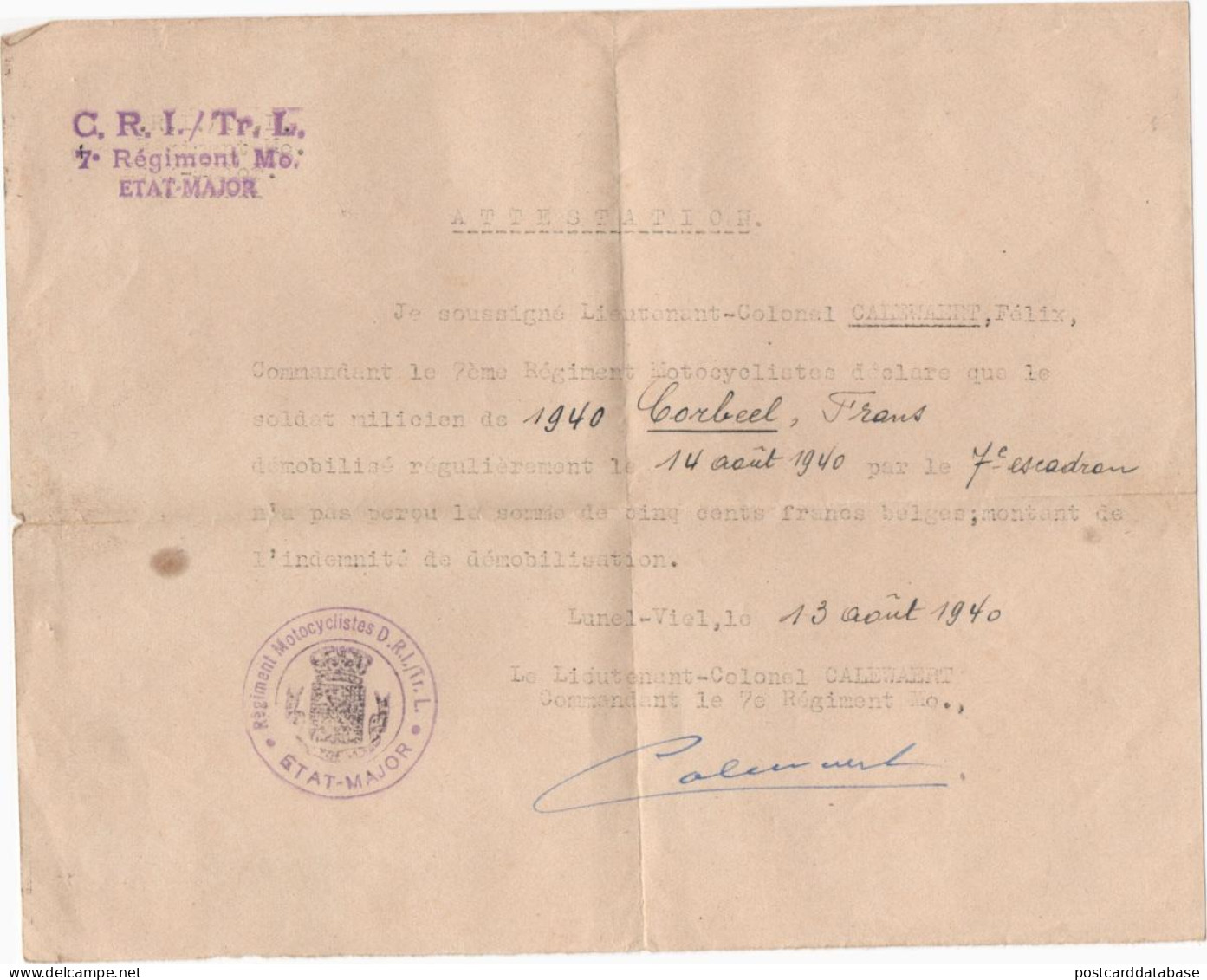 7° Regiment Mo Etat-Major - Attestation - Motocyclistes - Lunel-Viel 1940 - & Military - Documentos