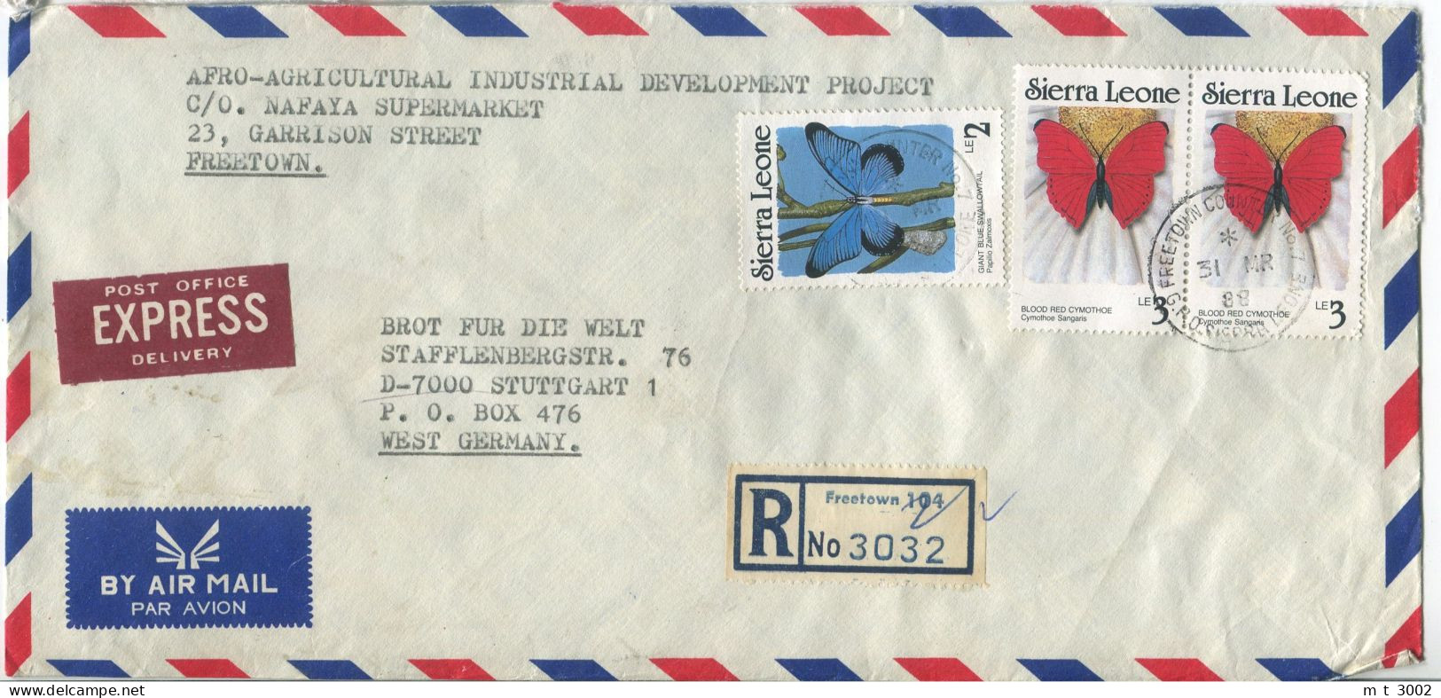 Registered Express Cover Sierra Leone 1988 Freetown Butterly - Sierra Leone (1961-...)