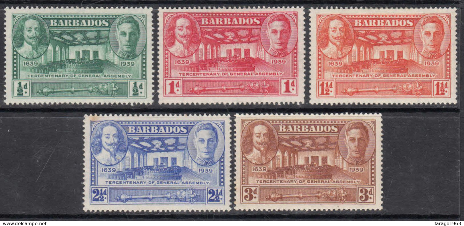 1939 Barbados KGVI Tercentenary Of General Assembly *2 1/2d Toned Top Left* Others Fine Cpl Set Of 5 Mint Lightly Hinged - Barbados (...-1966)