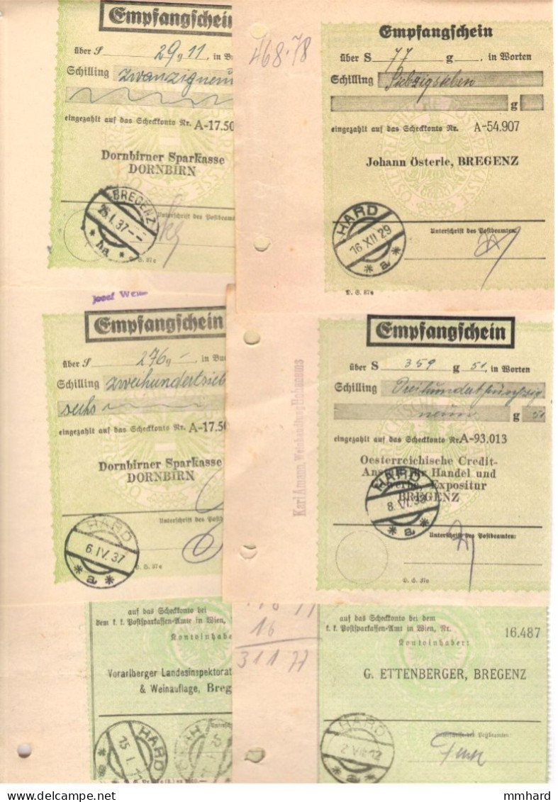 6 Stk Empfangsscheine Poststempel Hard Zw 1912 Und 1937 Vorarlberg - Autriche