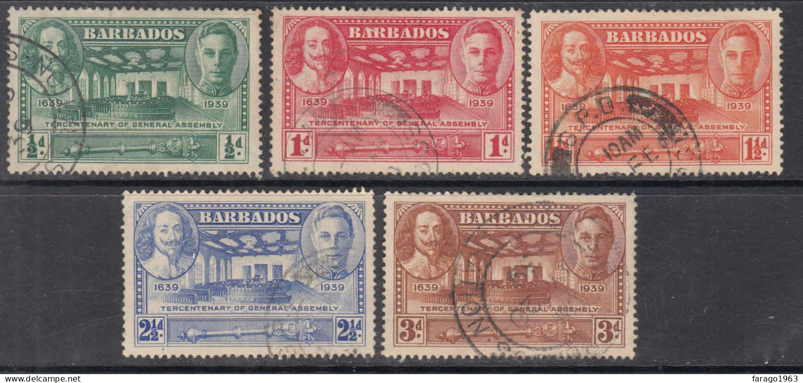 1939 Barbados KGVI Tercentenary Of General Assembly F-VF Used Complete Set Of 5 - Barbados (...-1966)