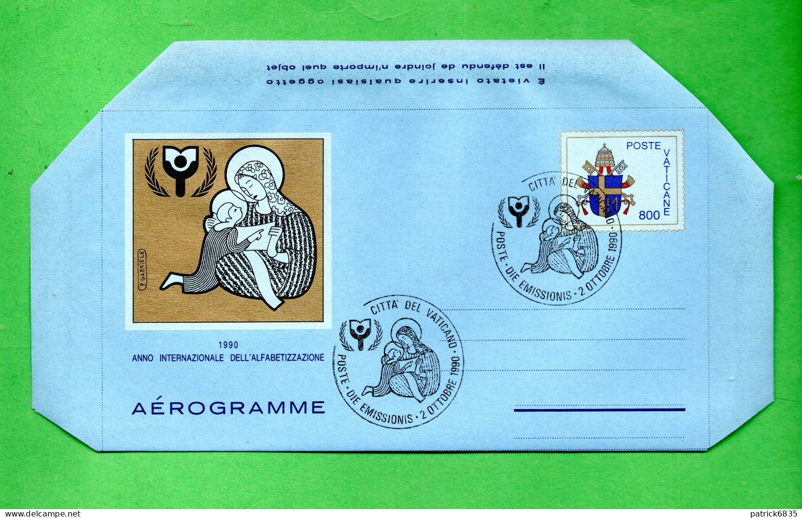 1990  ° VATICANO - Aerogramma. ALFABETIZZAZIONE. 1° Giorno. - Entiers Postaux