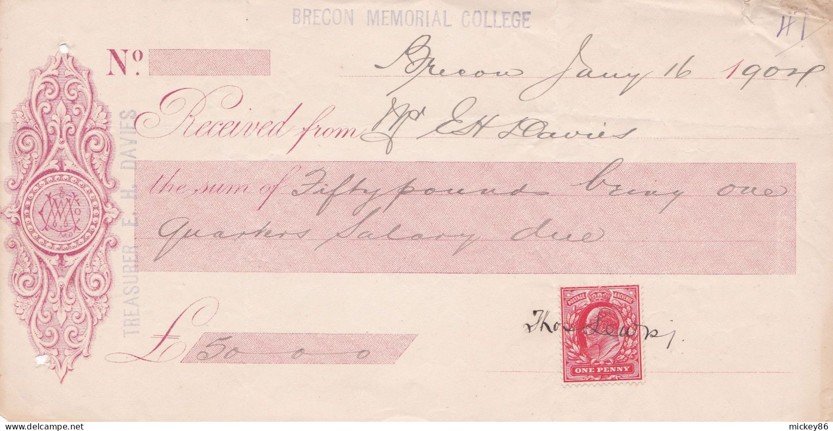 Grande-Bretagne---1904---Document  "BRECON  Memorial College" Avec Timbre N° 107 - Lettres & Documents