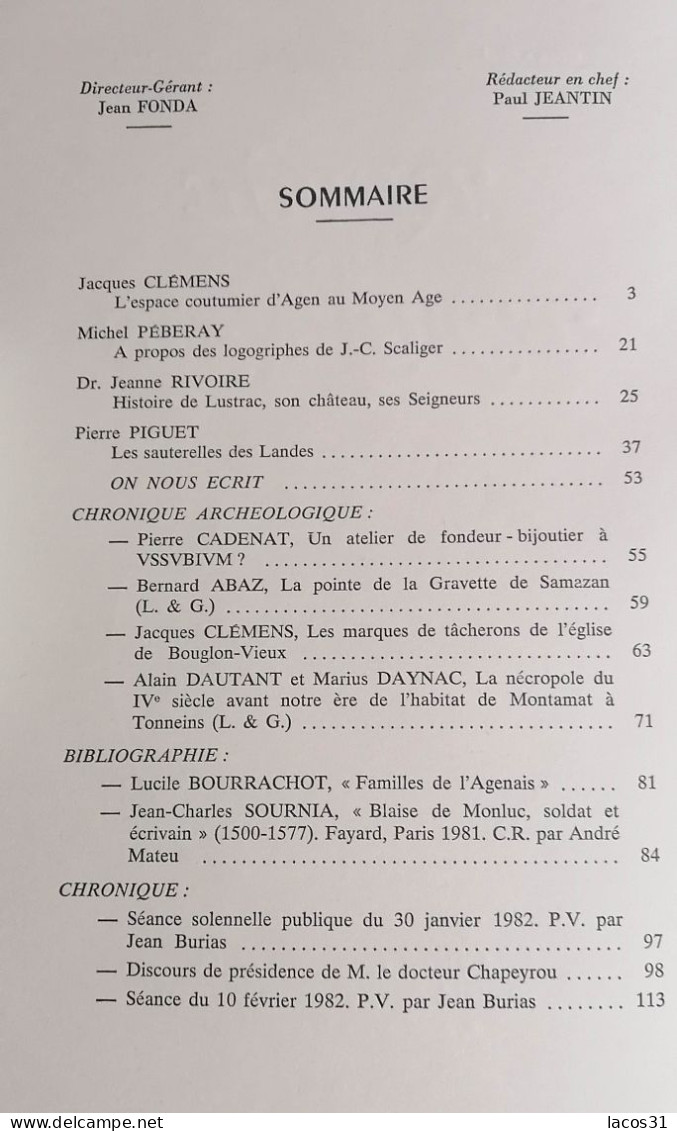 LA REVUE DE L'AGENAIS 109 ème Année N°1 Et 3 1982 - Aquitaine