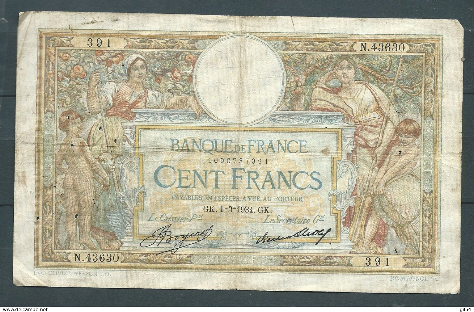 FRANCE - Billet De 100 Francs Type Luc Olivier Merson GK.16361934.GK  - N.43630 391- Laura 5620 - 100 F 1908-1939 ''Luc Olivier Merson''