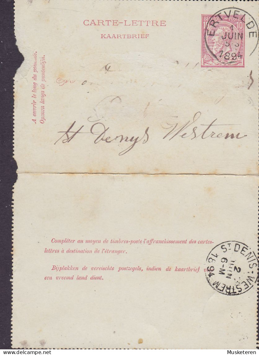 Belgium Postal Stationery Ganzsache Entier Carte-Lettre Letter Card ERTVELDE 1894 ST. DENIS WESTREM (Arr.) (2 Scans) - Cartes-lettres