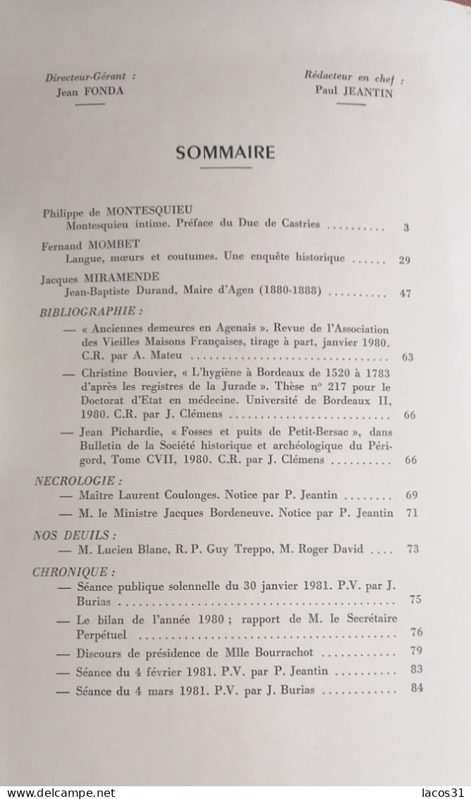 LA REVUE DE L'AGENAIS 108ème  Année  N° 1, 2, 3, 4 - 1981 - Aquitaine