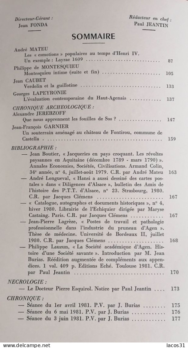 LA REVUE DE L'AGENAIS 108ème  Année  N° 1, 2, 3, 4 - 1981 - Aquitaine