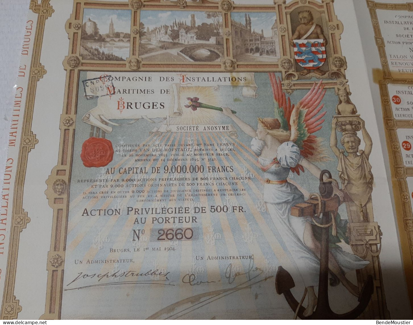 Compagnie Des Installations Maritimes De Bruges - Action Privilégiée De 500 Frs Au Porteur - Bruges 1904. - Navigazione