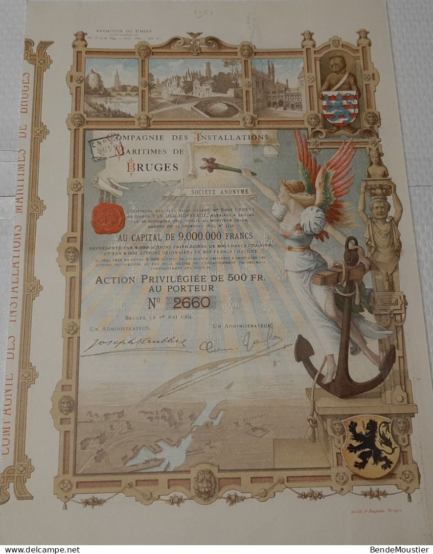 Compagnie Des Installations Maritimes De Bruges - Action Privilégiée De 500 Frs Au Porteur - Bruges 1904. - Schiffahrt