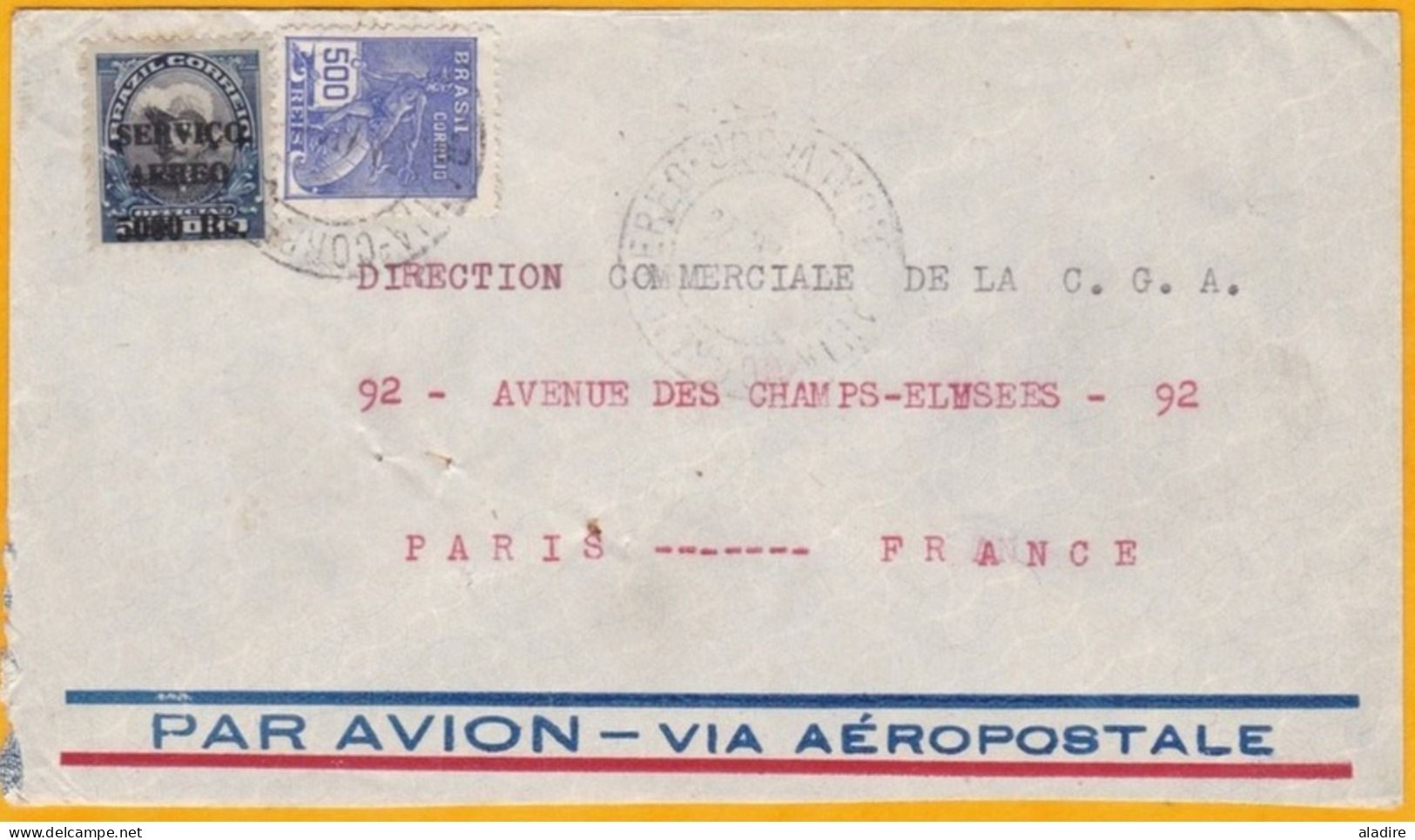 Précurseur - 1928 - Compagnie Générale Aéropostale CGA - Enveloppe Par Avion De Bahia, Brésil Vers Paris, France - Poste Aérienne (Compagnies Privées)