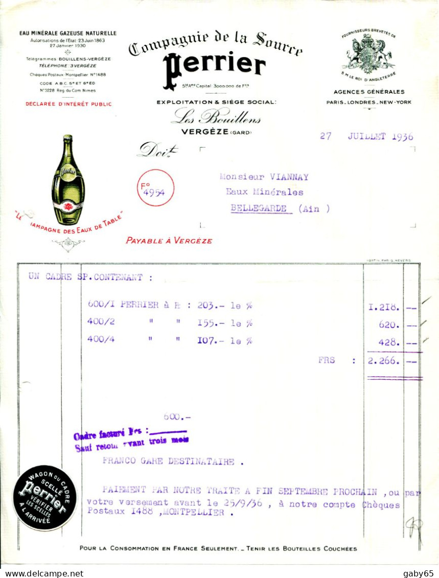 FACTURE.30.GARD.VERGÈZE-LES BOUILLENS.EAU MINÉRALE GAZEUSE NATURELLES.COMPAGNIE DE LA SOURCE " PERRIER " - Alimentos