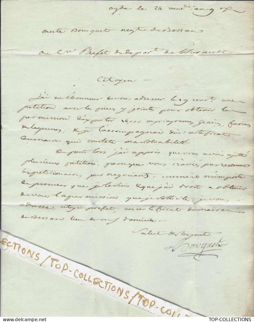 1800 REVOLUTION NAVIGA TION SUBSITANCES GRAIN FARINE CONTROLE ADMINISTRATIF  BOUSQUET  NEGOCIANT ARMATEUR Agde  V.HIST. - 1800 – 1899