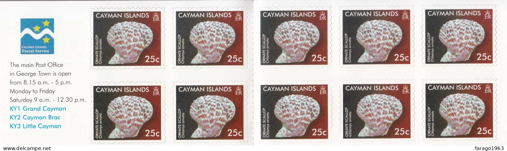 2010 Cayman Islands 25c Scallop Shell Marine Life Complete Booklet Of 10 MNH - Caimán (Islas)