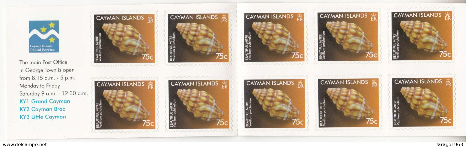 2010 Cayman Islands 75c Beautiful Mitre Shell Marine Life Complete Booklet Of 10 MNH - Caimán (Islas)