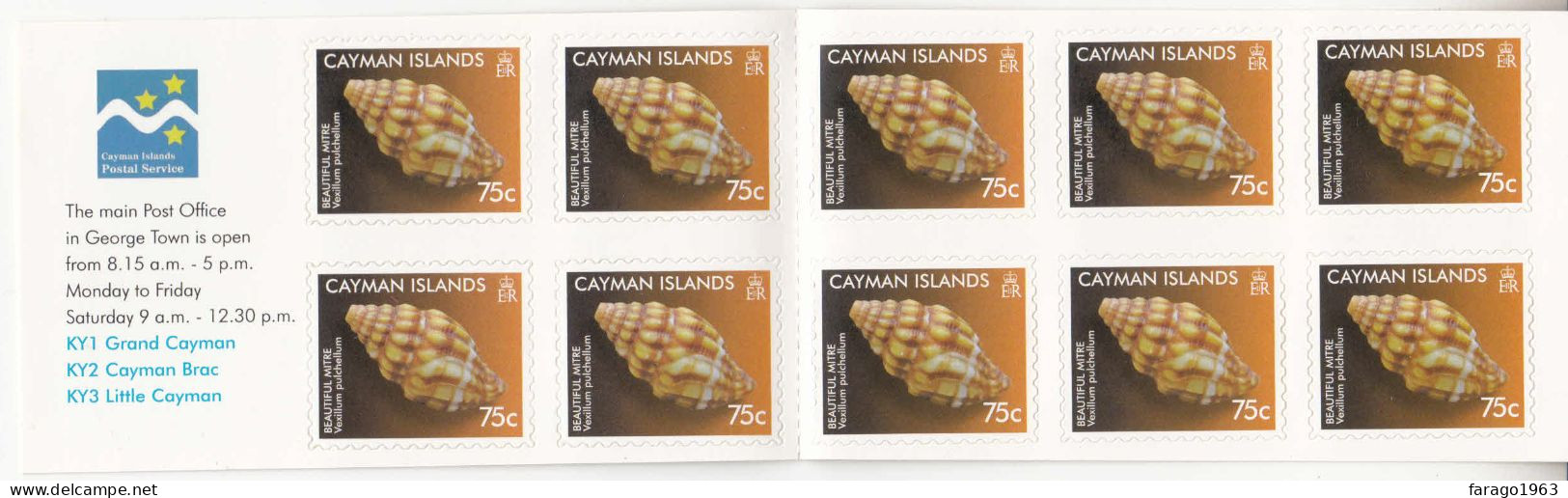 2010 Cayman Islands 75c Beautiful Mitre Shell Marine Life Complete Booklet Of 10 MNH - Kaimaninseln