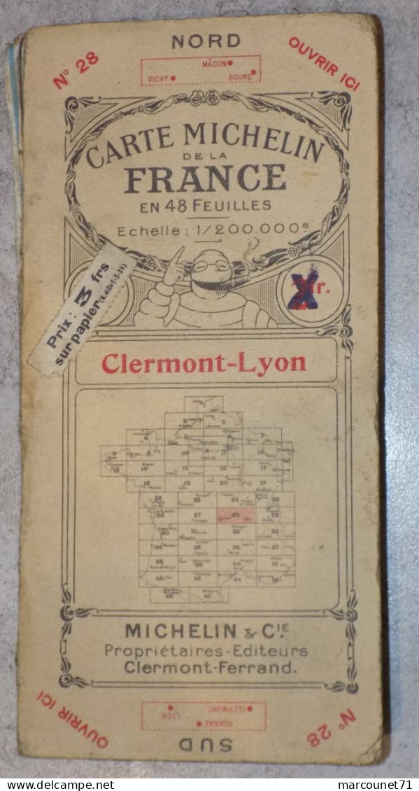 CARTE MICHELIN DE LA FRANCE N°28 1924 CLERMONT LYON ENTOILÉE - Mapas/Atlas