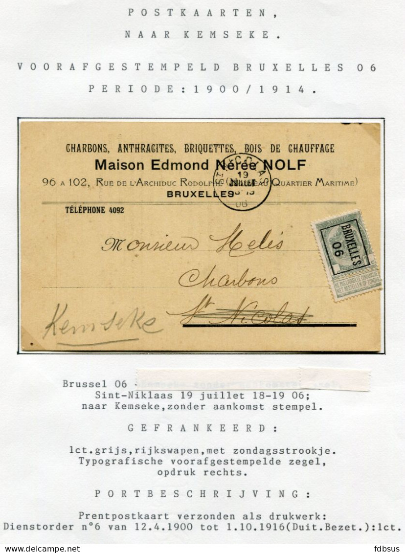 1906 Kaart Van Maison Edmond N. Nolf Bruxelles Naar Kemseke - Gefr. 1ct Grijs Met Zondag Strookje Bruxelles 06 - Sonstige & Ohne Zuordnung