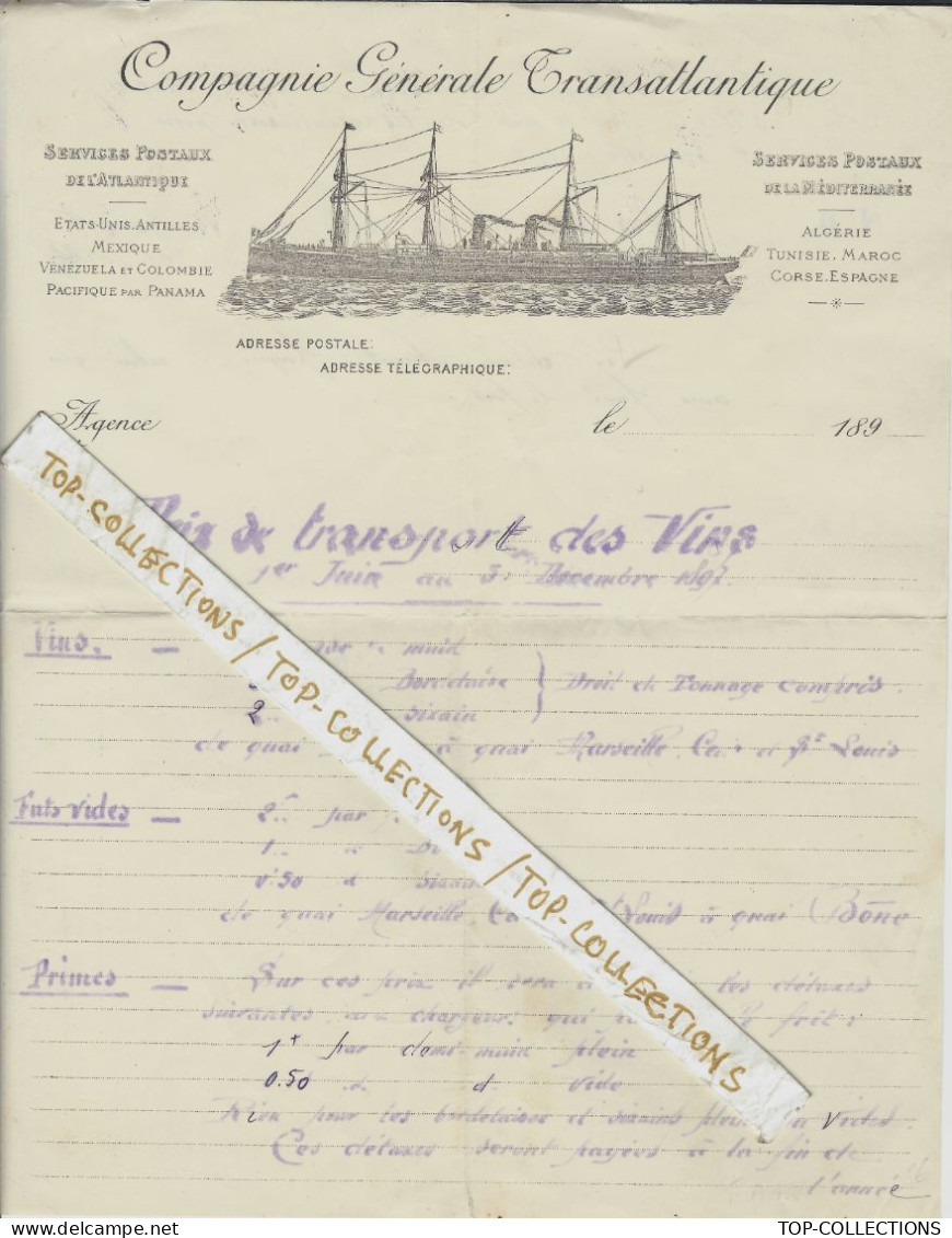 1897 ENTETE  NAVIGATION COMPAGNIE GENERALE TRANSATLANTIQUE  « C.G.T. »  PRIX DU TRANSPORT DES VINS  Superbe Lithographie - 1800 – 1899