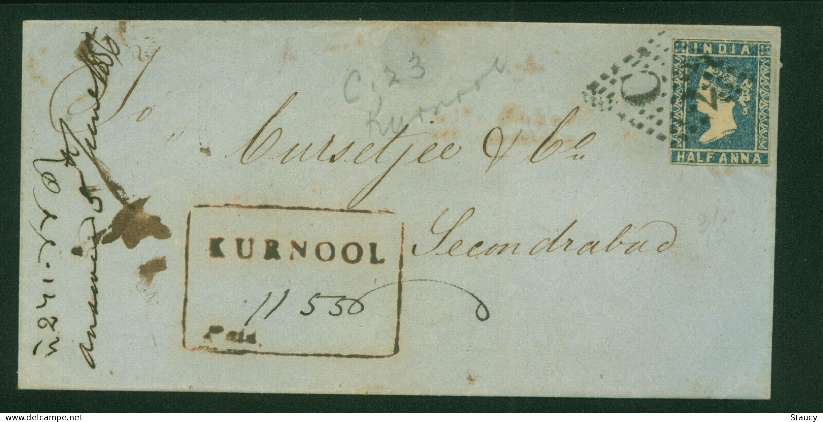 British India 1854 QV 1/2a Half Anna Litho / Lithograph Stamp Franking On Cover Kurnool To Secunderabad As Per Scan - 1854 Britse Indische Compagnie