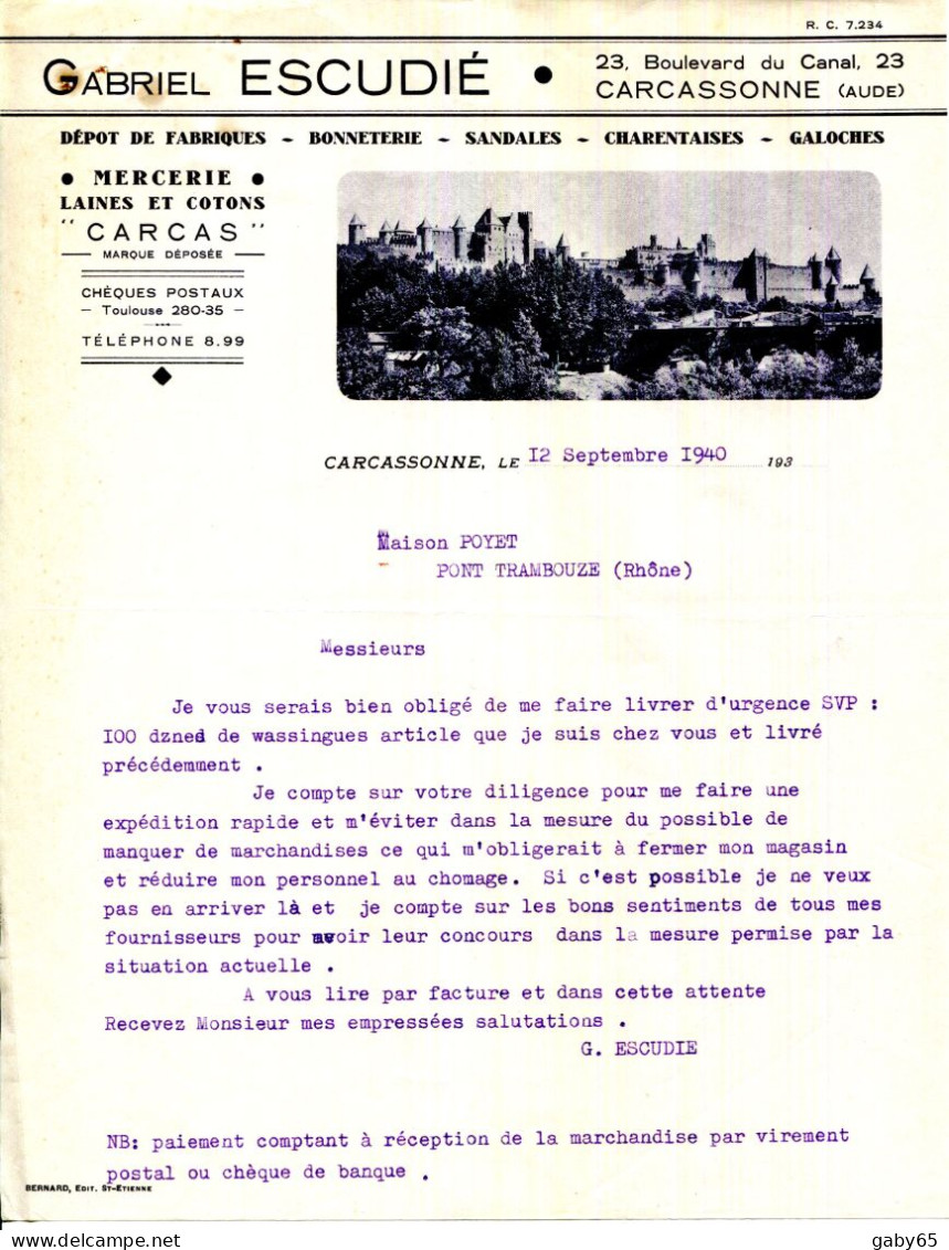 FACTURE.11.AUDE.CARCASSONNEBONNETERIE.SANDALES.CHARENTAISES.GALOCHES.GABRIEL ESCUDIÉ 23 Blvd.DU CANAL - Textile & Vestimentaire