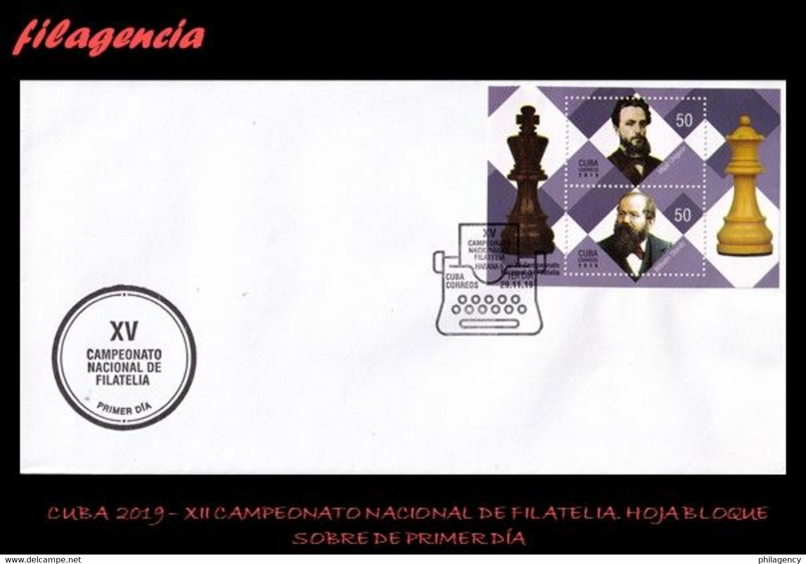 CUBA SPD-FDC. 2019-39 XII CAMPEONATO NACIONAL DE FILATELIA. PERSONALIDADES MUNDIALES DEL SIGLO XX. AJEDREZ. HOJA BLOQUE - FDC