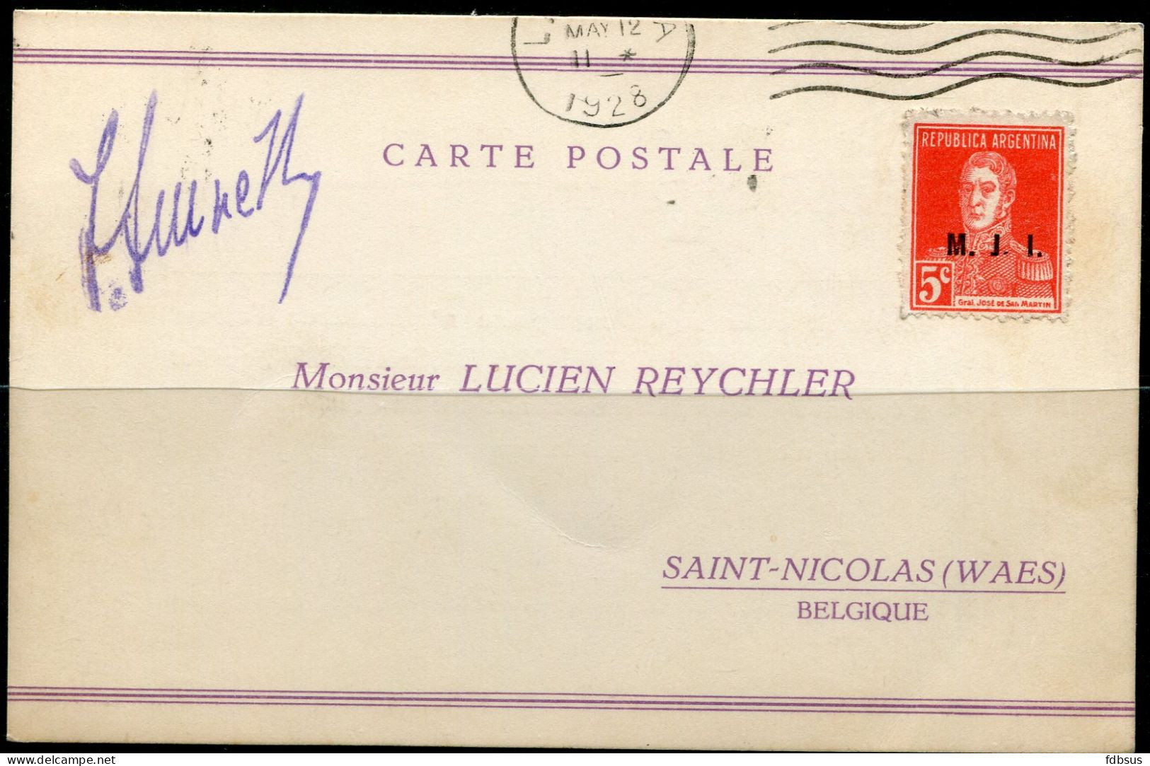 1928 Carte Postale 5c With Overprint M.J.I. From UNIVERSIDAD LA PLATA Naar Saint Nicolas Waes - Entiers Postaux