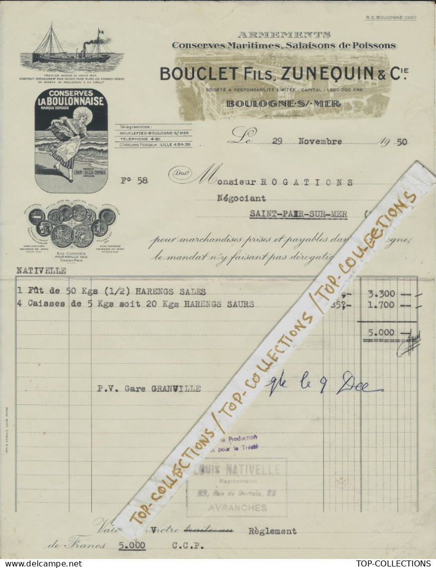 1950 ENTETE NAVIRE NAVIGATION   VAPEUR ARMEMENTS CONSERVES Bouclet Fils Zunequin Boulogne Sur Mer V.HISTORIQUE - 1950 - ...