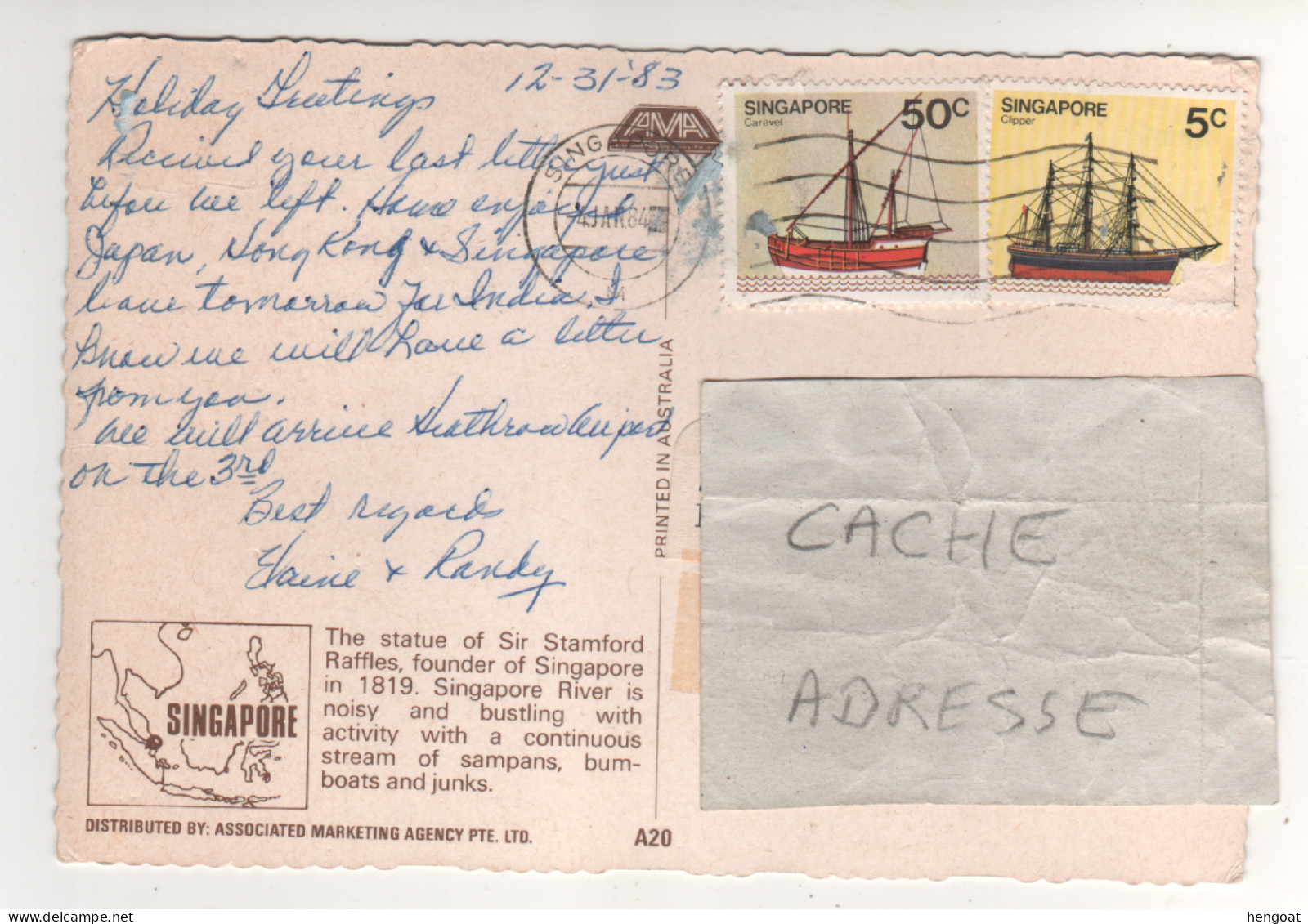 Timbres , Stamps " Bateaux , Voiliers  : Caravelle , Clipper " Sur CP , Carte , Postcard Du 04/01/84 - Singapur (1959-...)