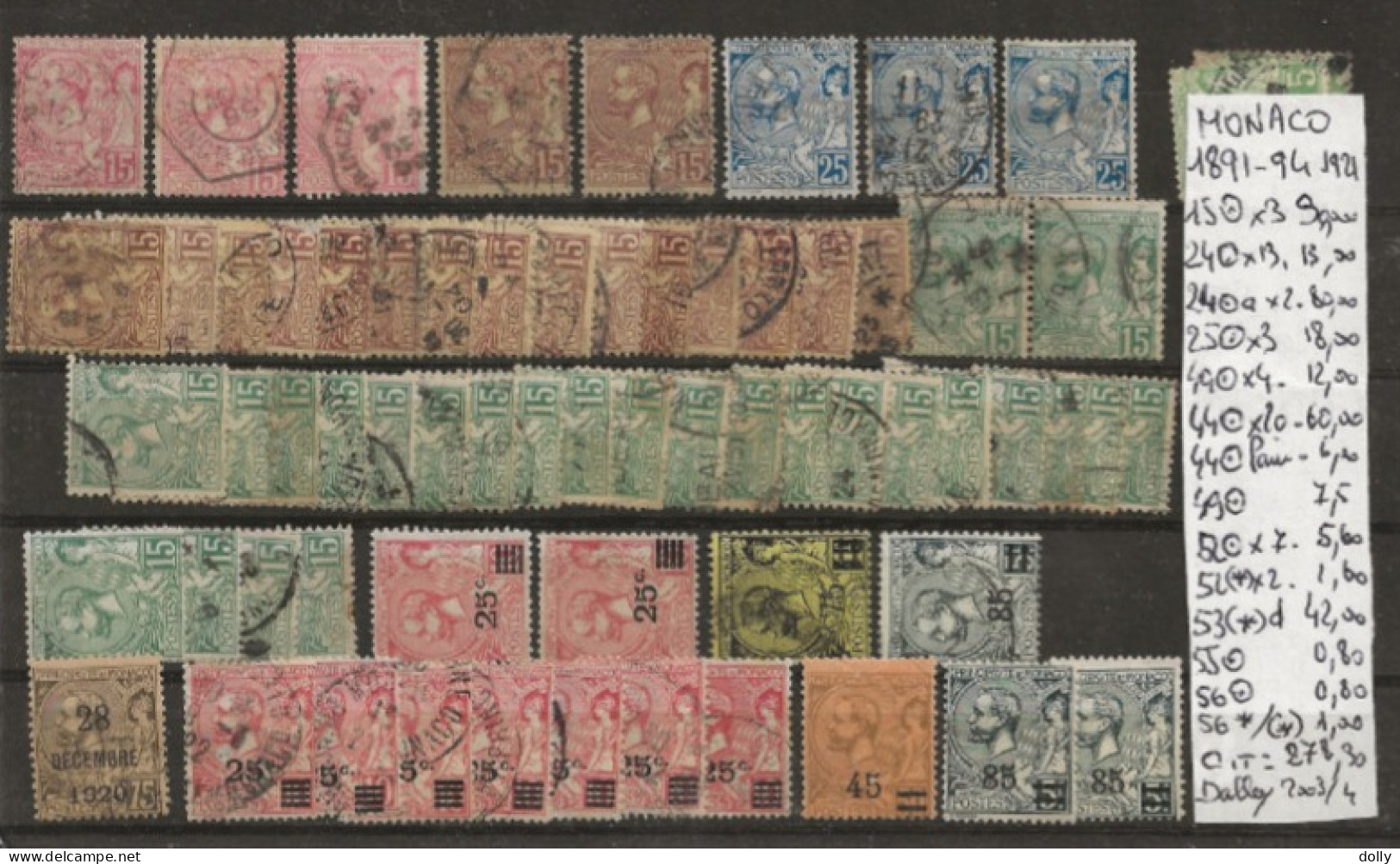TIMBRE DE MONACO OBLITEREES 1891/94 Nr VOIR SUR PAPIER AVEC TIMBRES  COTE 278.30  € - Used Stamps
