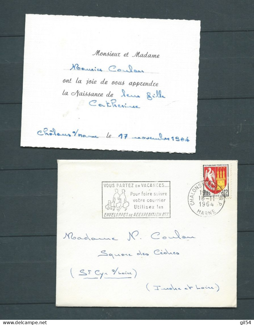 Tarif Imprimé De 1964, Maury1353A  , Yvert  1383, Sur Petite Enveloppe Avis De Naissance De Cartherine Coulon AM242 03 - Posttarife