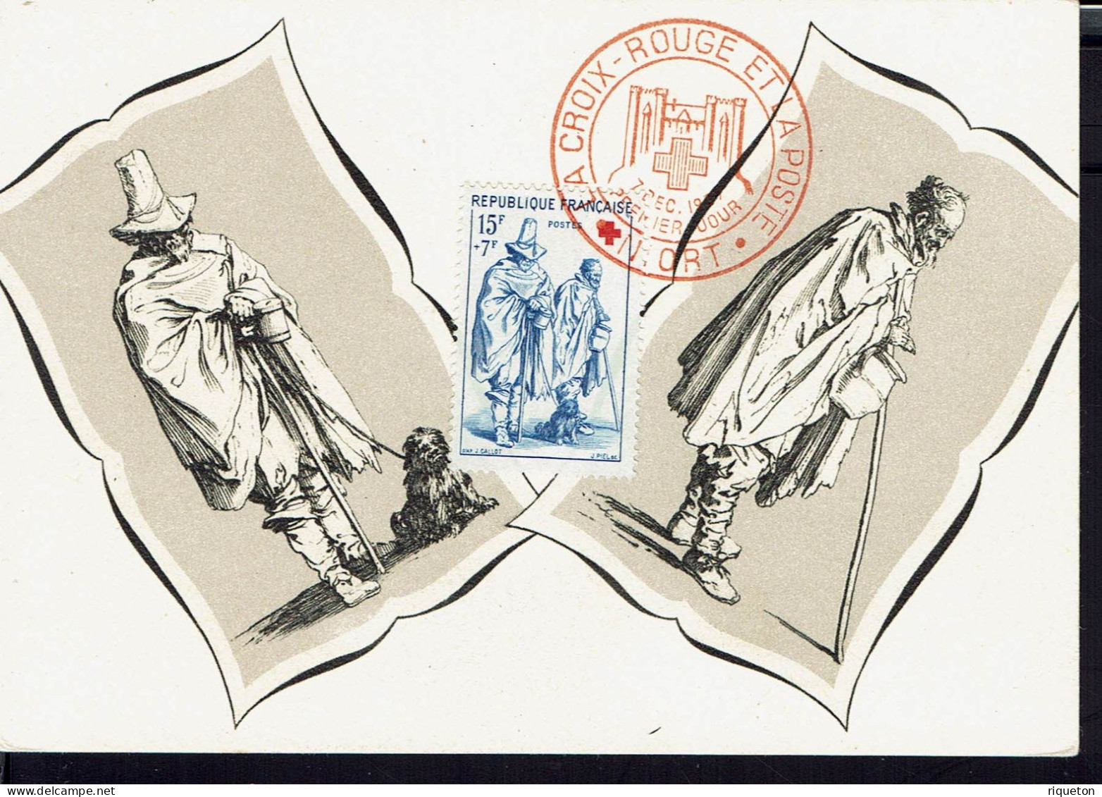 Fr. Timbre 15 F + 7 F Croix Rouge Et La Poste Niort 1er Jour Sur Carte Postale "Série Des Gueux De J. Callat" TB. - Croce Rossa