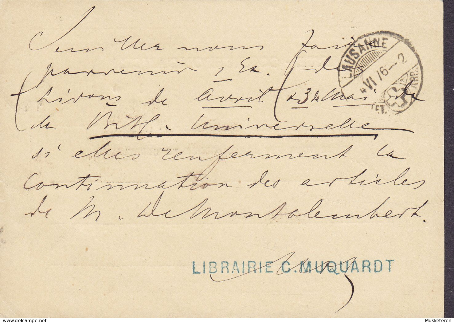 Belgium Uprated Postal Stationery Ganzsache Libraire C. MUQUARDT ERROR Variety ': In Front Of 5' BRUXELLES 1876 LAUSANNE - Andere & Zonder Classificatie