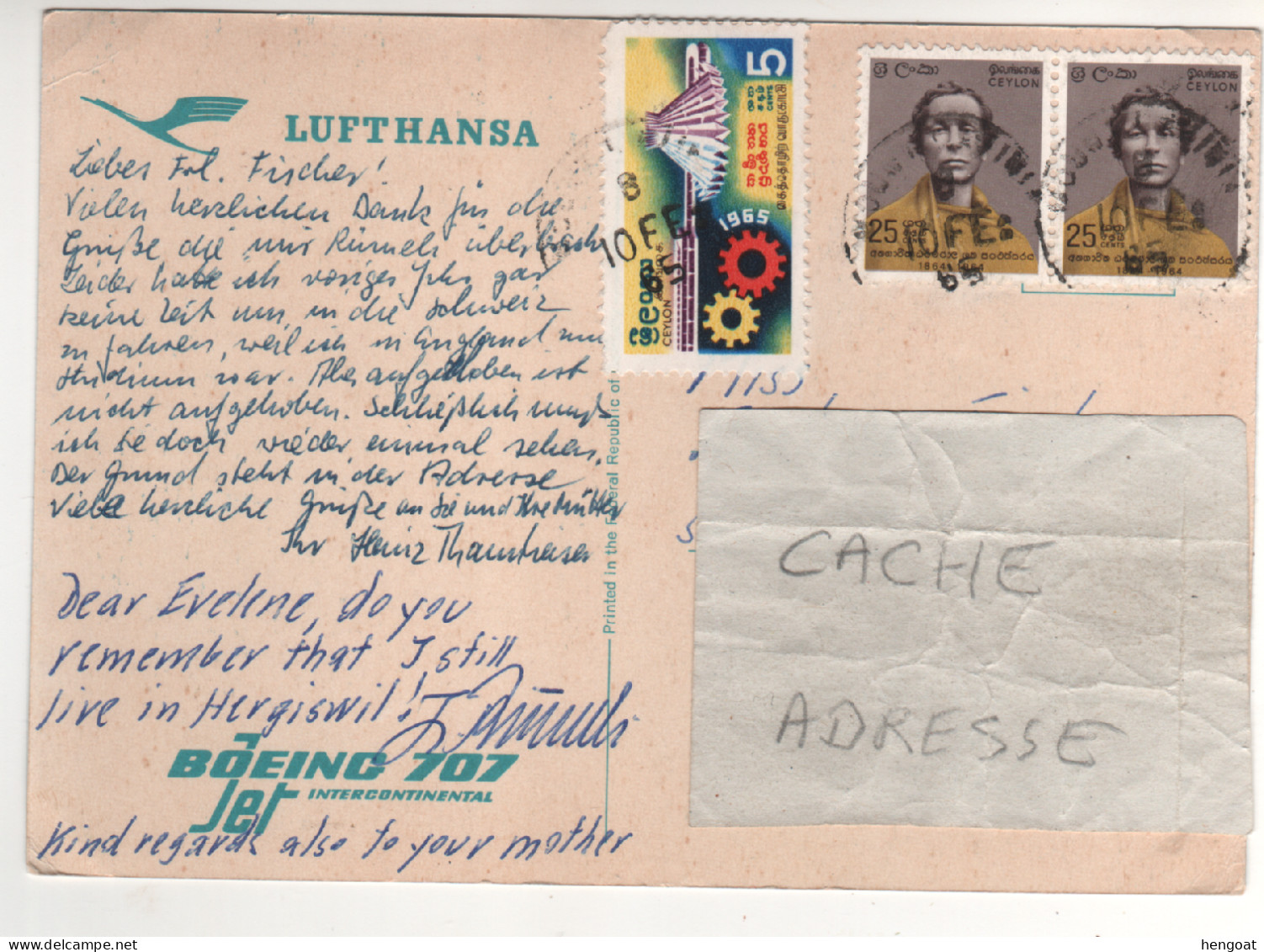 Timbres , Stamps " " Sur CP , Carte , Postcard " Avion Boeing 707 De La Lufthansa " Du 10/02/65 - Sri Lanka (Ceylan) (1948-...)