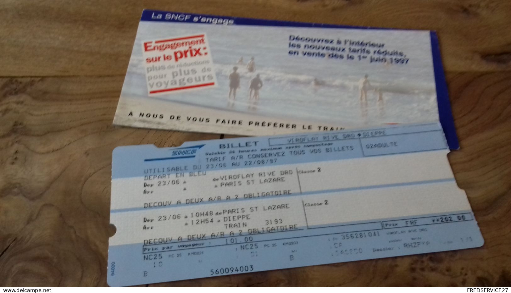 152/ BILLET DE TRAIN DEPART PARIS ARRIVEZ DIEPPE 1997 - Ferrocarril