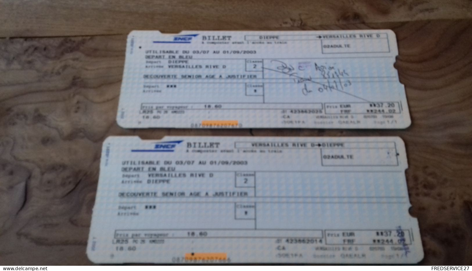 152/ BILLET DE TRAIN EPART VERSAILLES ARRIVEZ DIEPPE  2003 - Chemin De Fer