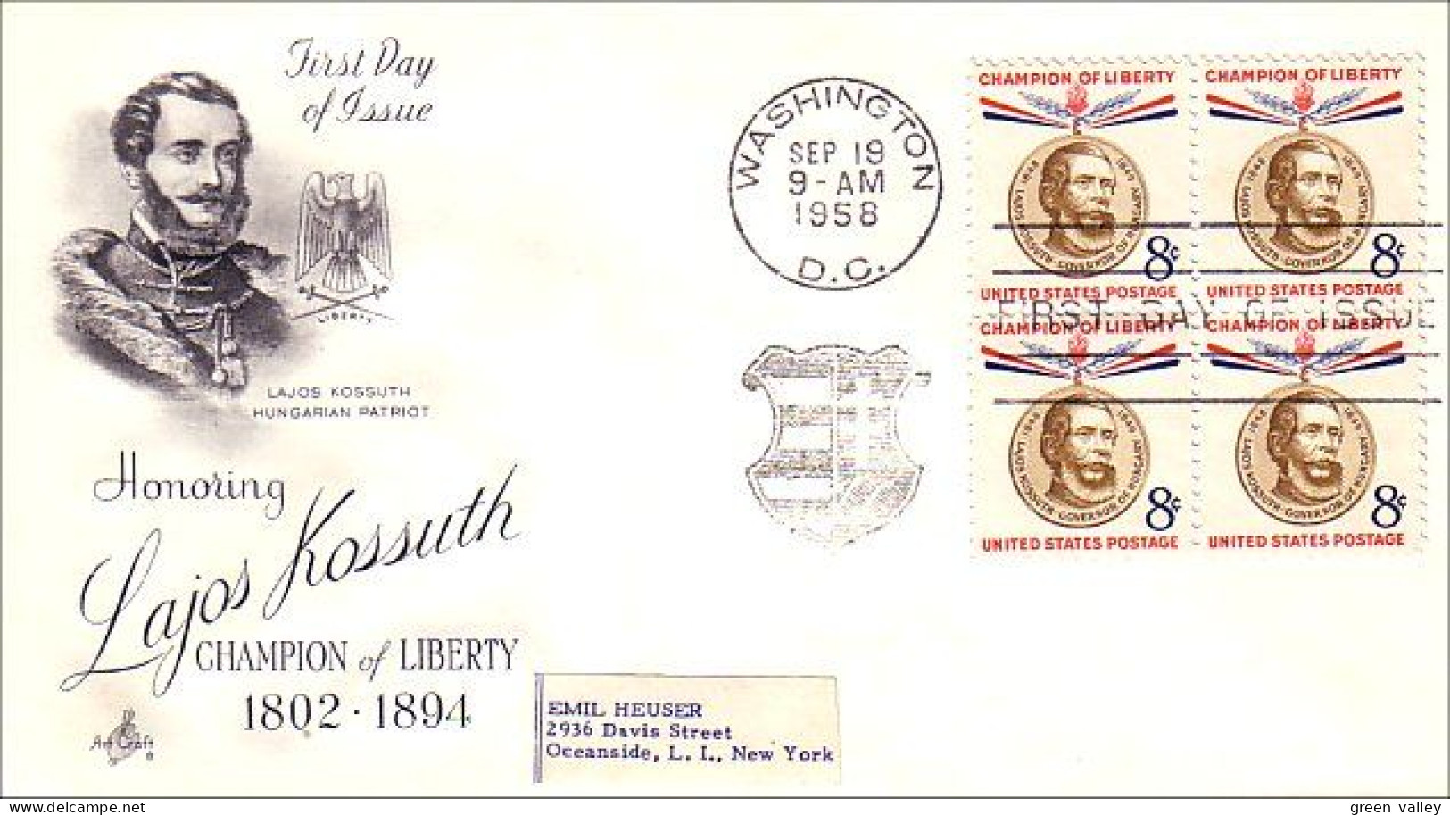 USA Lajos Kossuth 8c Blk/4 FDC ( A60 976) - 1951-1960