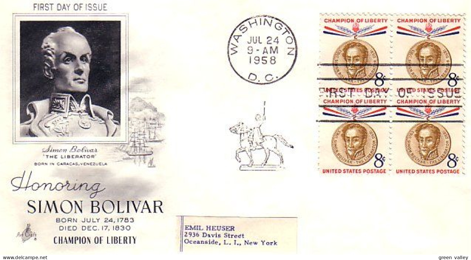 USA Simon Bolivar 8c Blk/4 FDC ( A60 964b) - 1951-1960