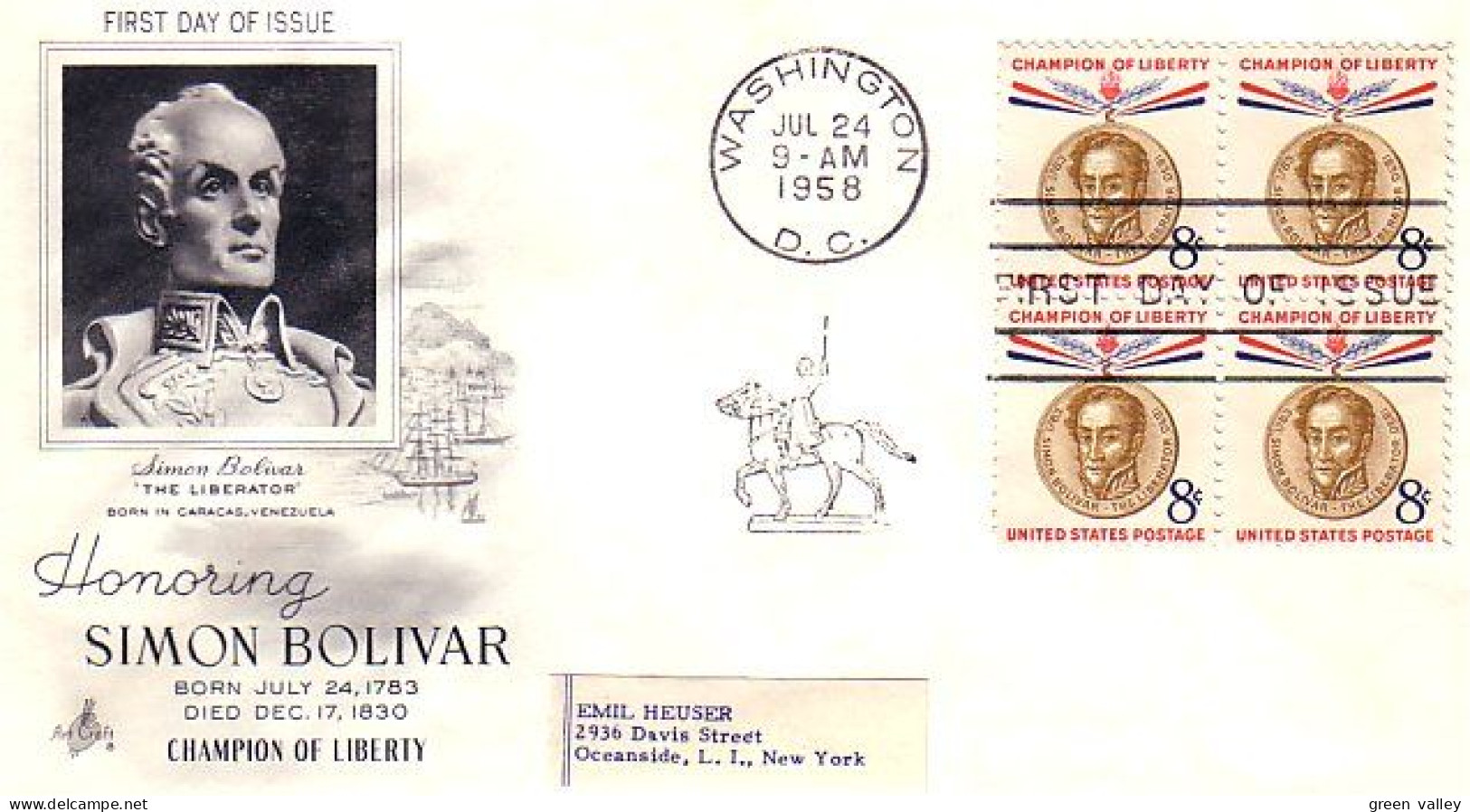 USA Simon Bolivar 8c Blk/4 FDC ( A60 964a) - 1951-1960