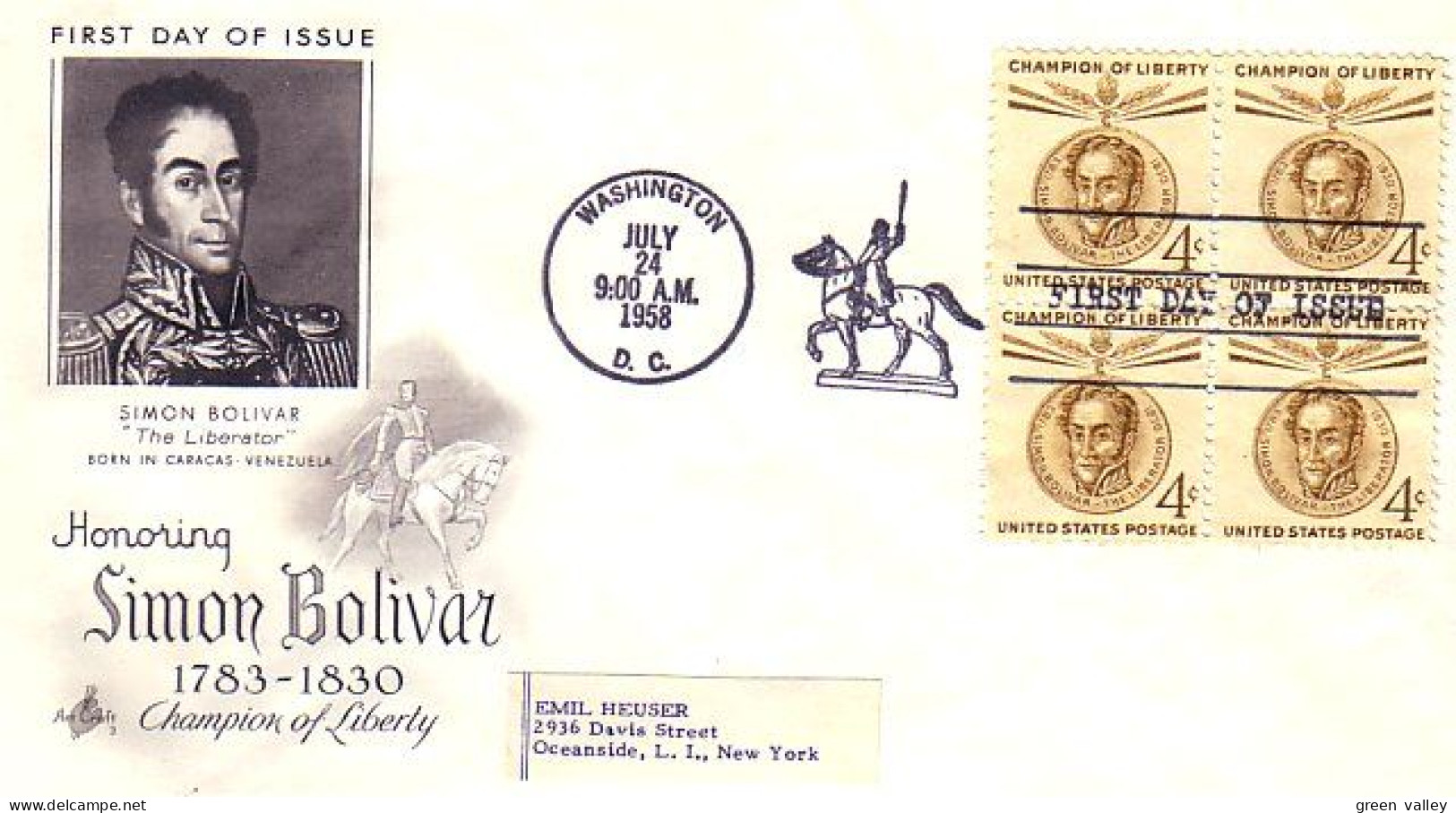 USA Simon Bolivar 4c Blk/4 FDC ( A60 963) - 1951-1960