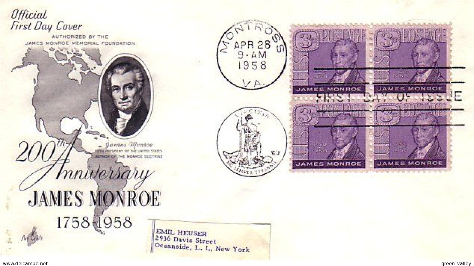USA James Monroe Blk/4 FDC ( A60 951) - 1951-1960