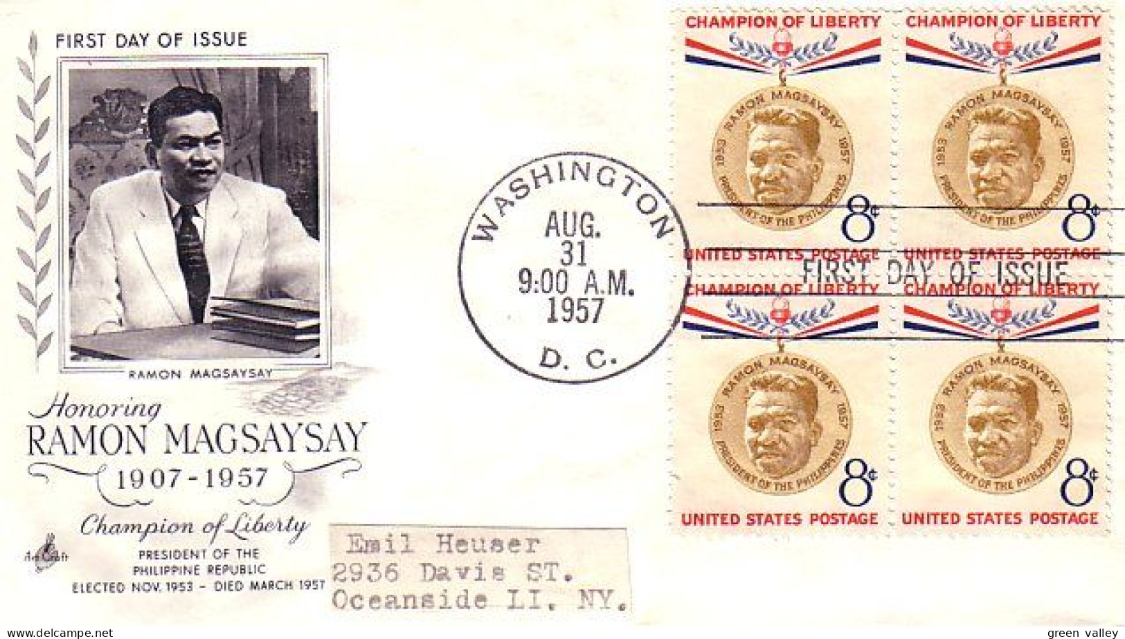 USA Ramon Magsaysay Blk/4 FDC ( A60 929) - 1951-1960