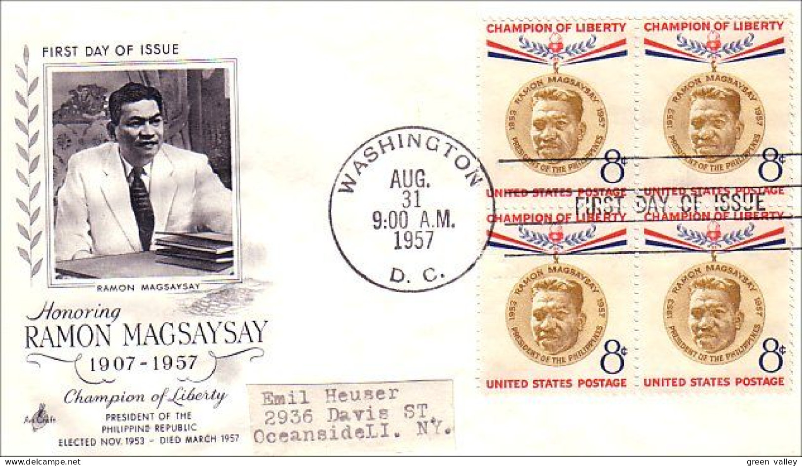 USA Ramon Magsaysay Blk/4 FDC ( A60 928) - 1951-1960