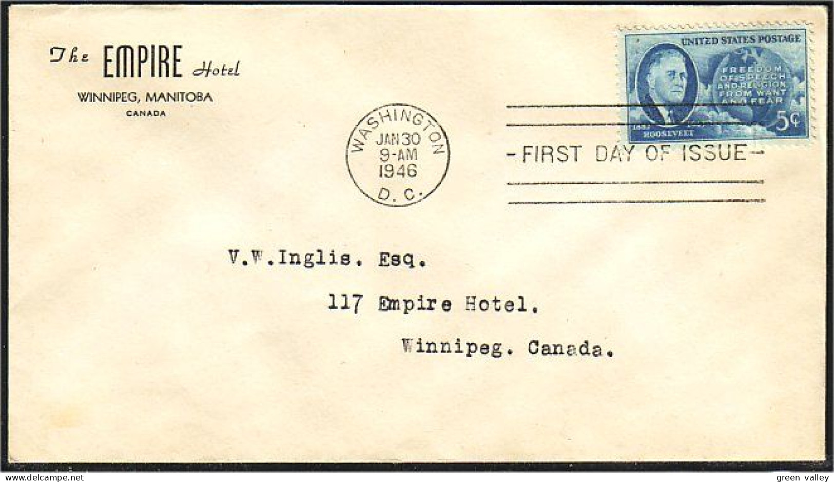 USA Roosevelt 1946 FDC Empire Hotel Envelope ( A60 388) - 1941-1950