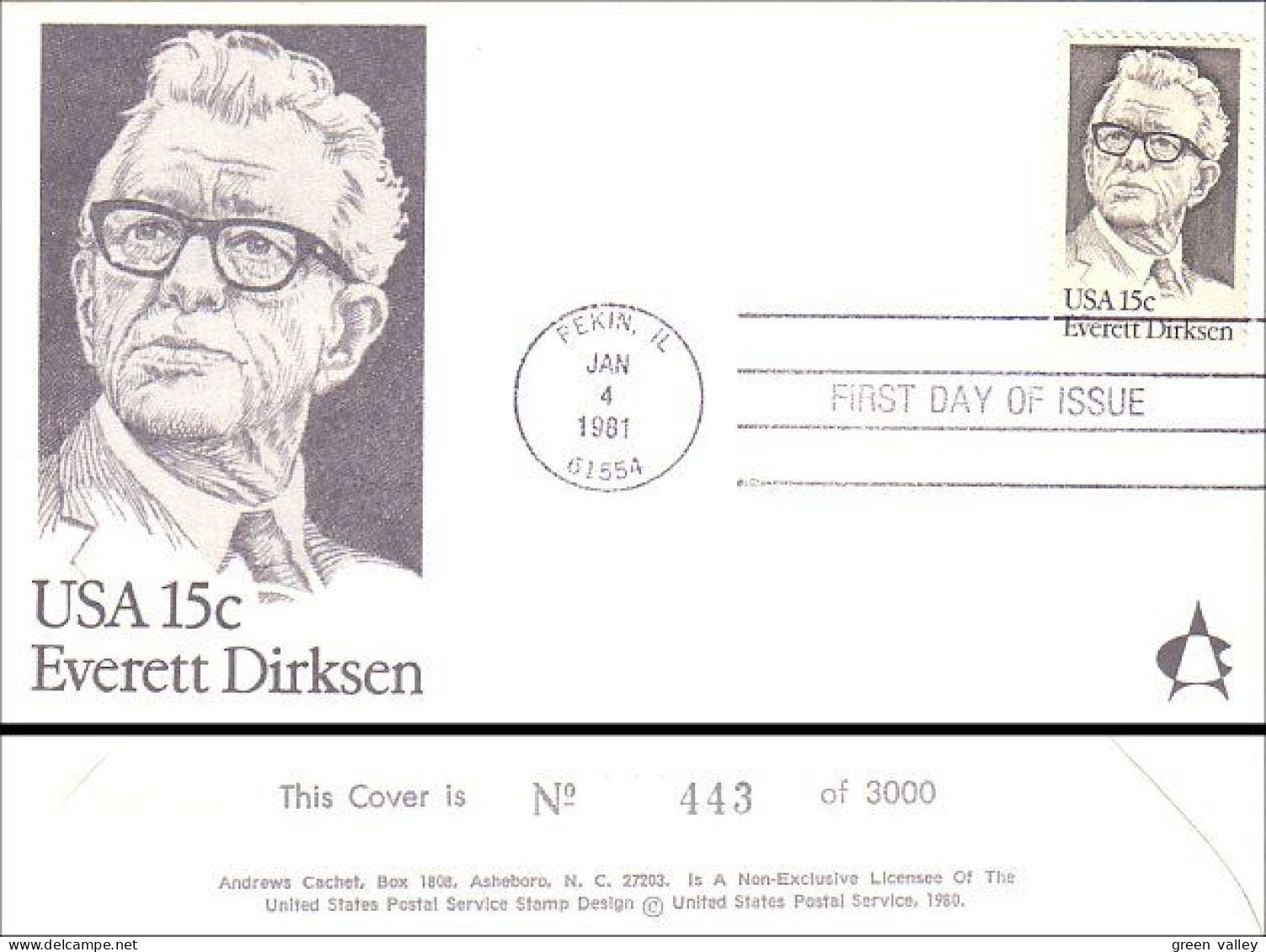 USA FDC Everett Dirksen Andrews Cachet Cover No 443 Of 3000 ( A61 534) - 1981-1990