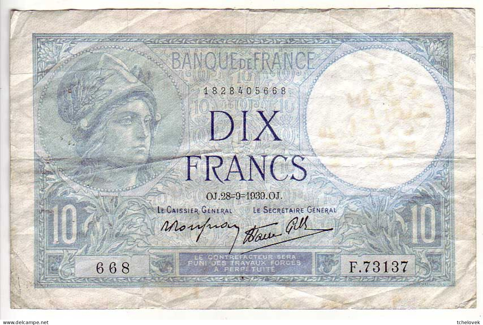(Billets). France. 10 Fr Minerve 28.09.1939 & 5 Fr Violet 13.07.1939 - 10 F 1916-1942 ''Minerve''